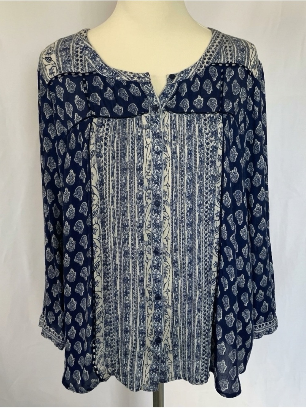 Lucky Brand Navy and White Printed Peasant Blouse